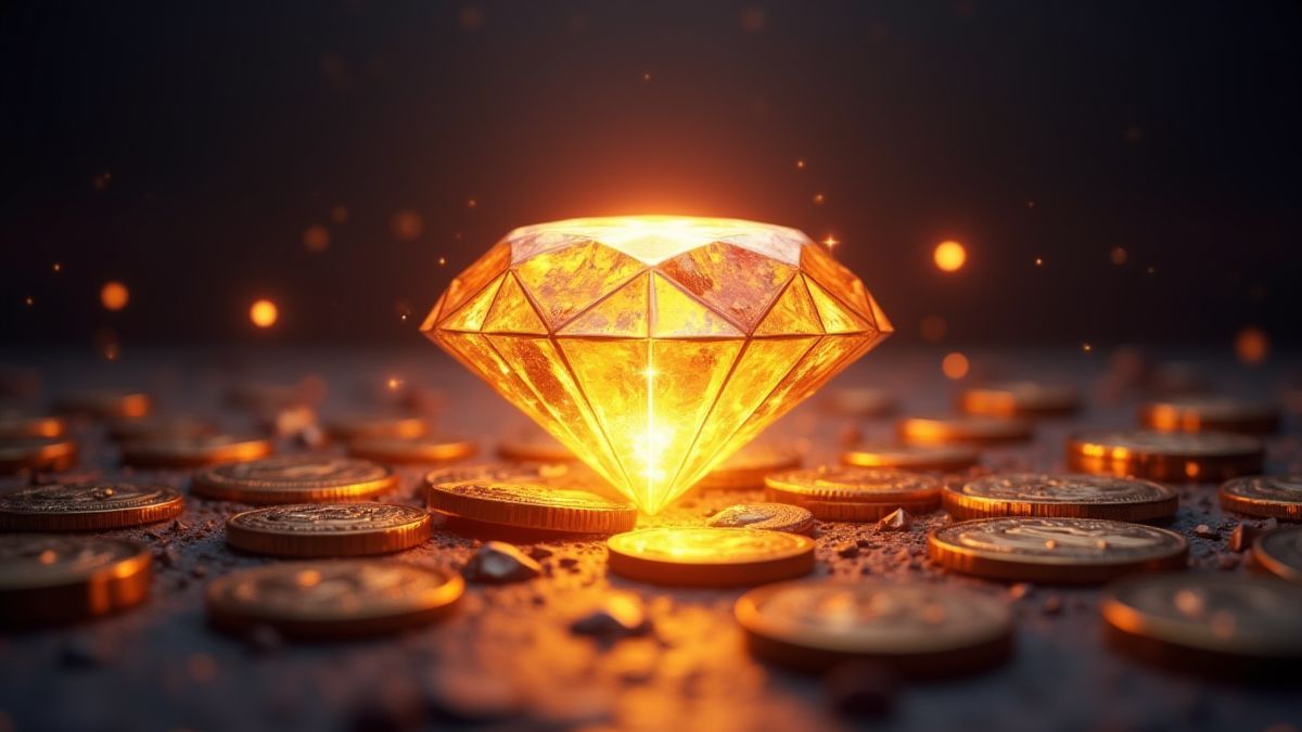 Un diamante brillant entouré de lumières resplandecientes et de pièces.