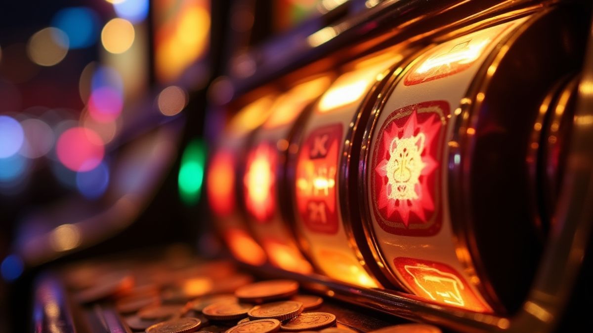Màquina tragamonedas de casino iluminada con monedas cayendo.