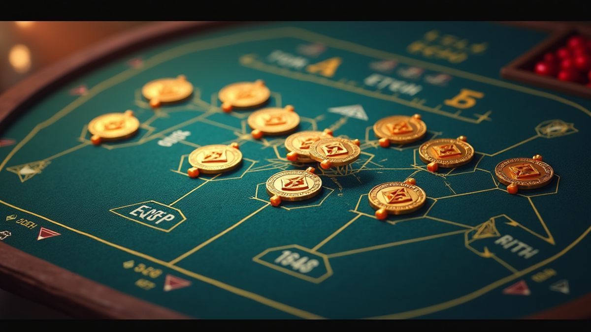 Tablero de estrategia con temática de diamantes, monedas y marcadores de jackpot.