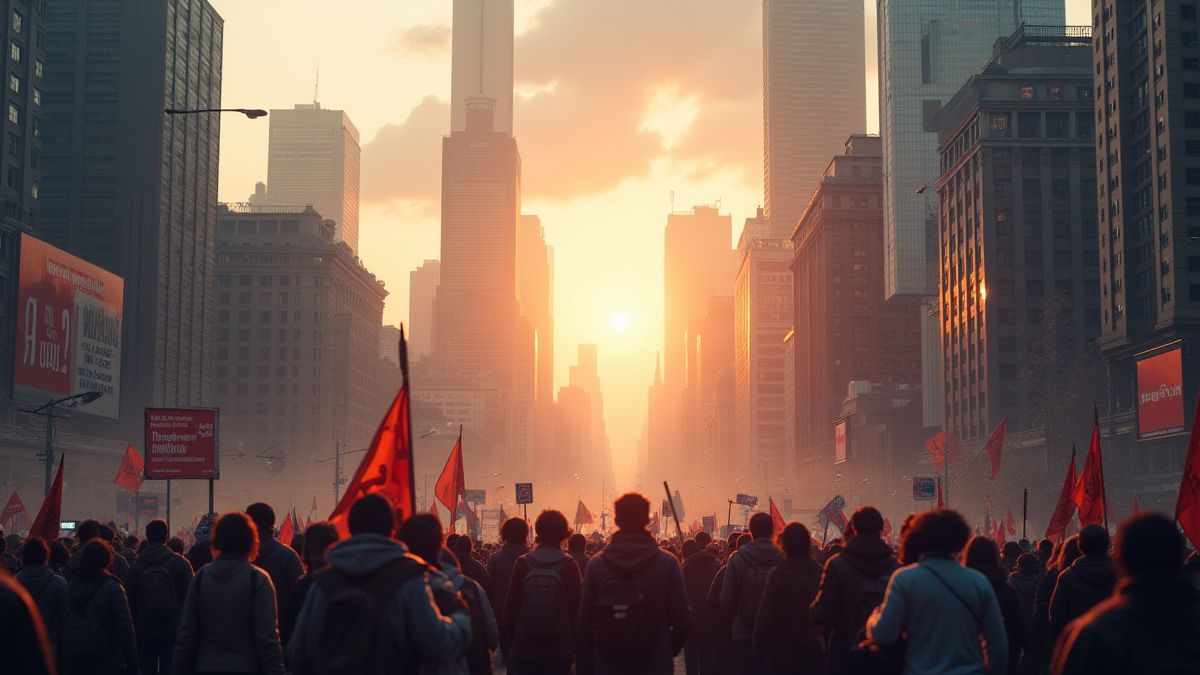 Dystopian city with protesters and flags