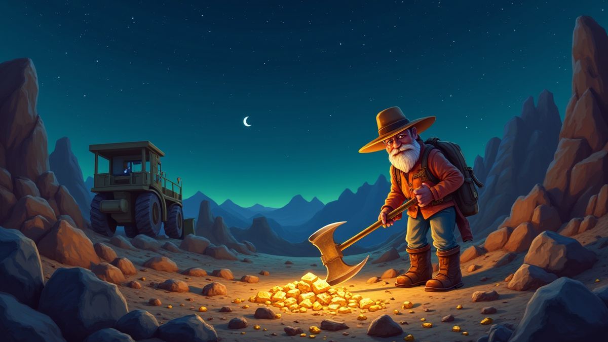 Mining scene with tools and gold under the stars.