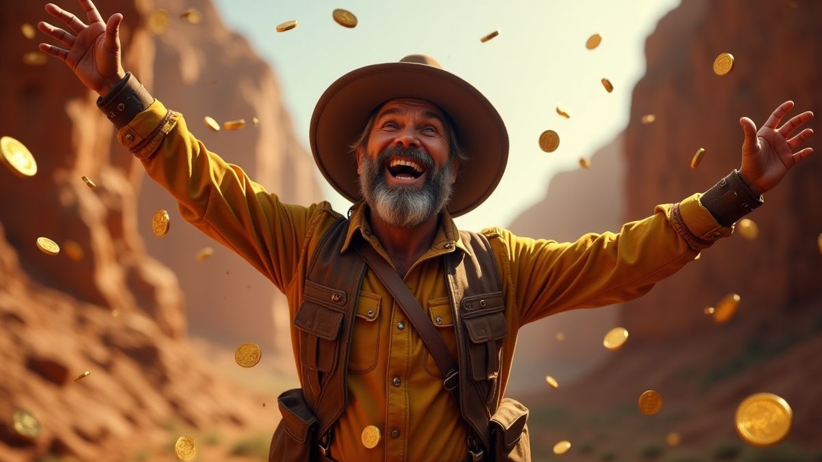 A gold seeker celebrating with gold coins falling around him.