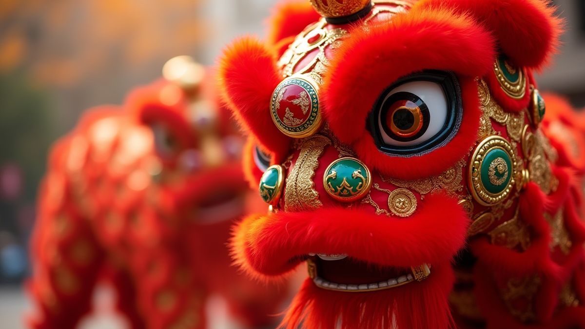 Danza del león china con decoraciones en rojo y oro.