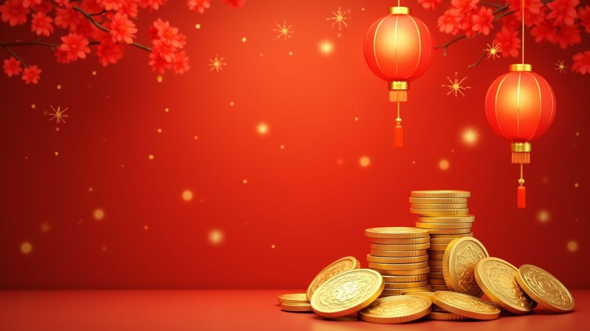 Gráficos chinos con monedas y linternas.