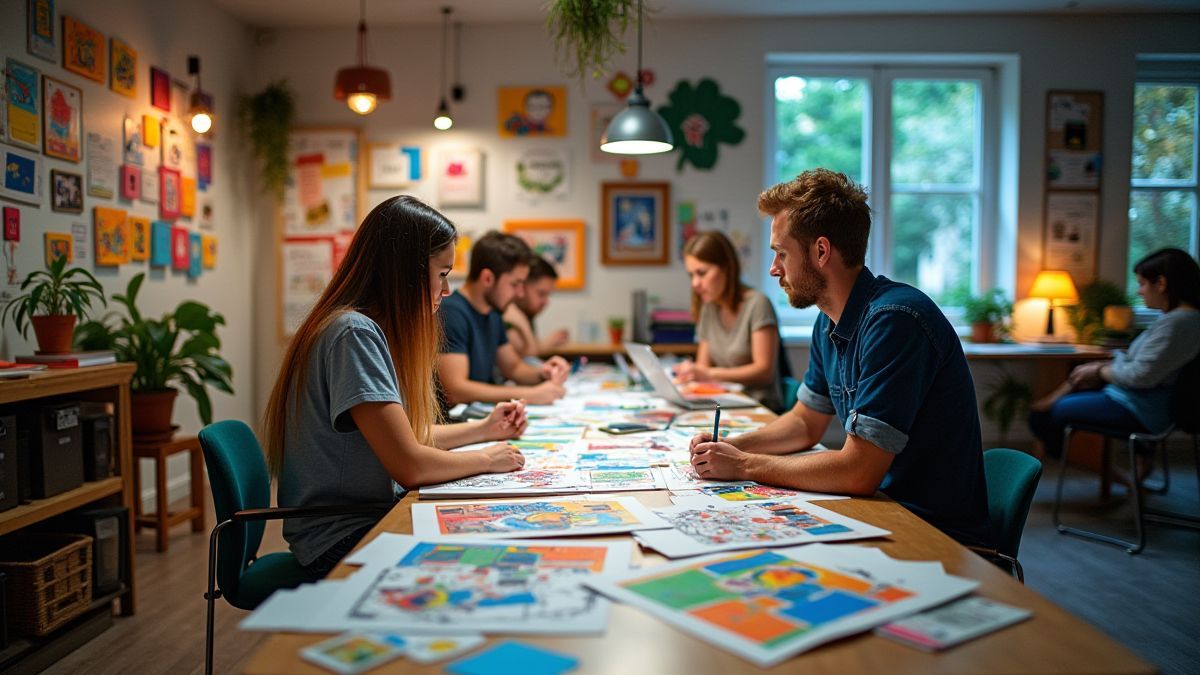 Diseñadores trabajando en gráficos coloridos.