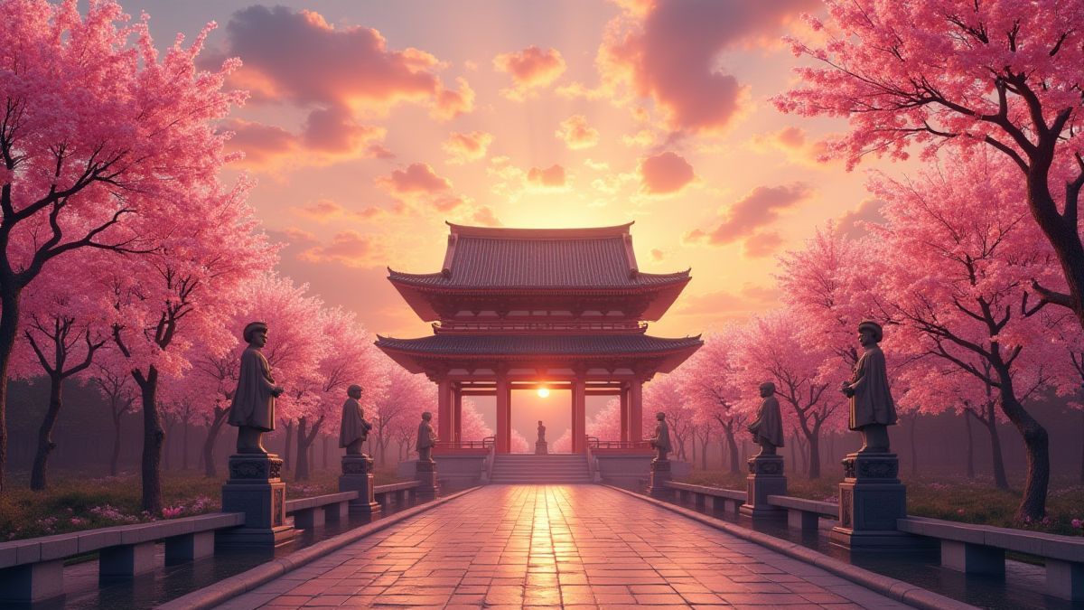 Aziatisch paleis met kersenbloesems en gouden standbeelden bij zonsondergang.