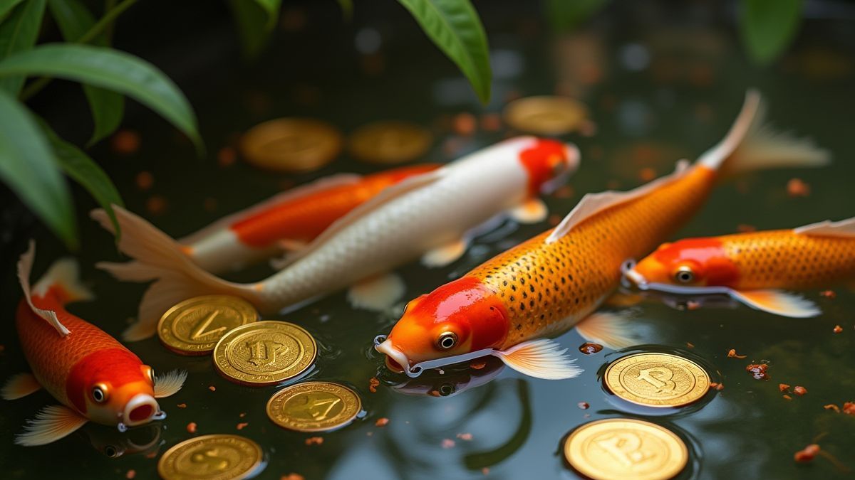 Gouden munten en koi-vissen in een serene vijver.