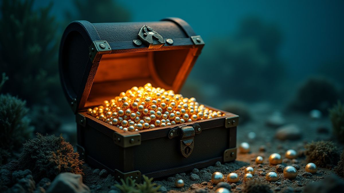 Gouden en zwarte parels die stralen in een onderwater schatkist.
