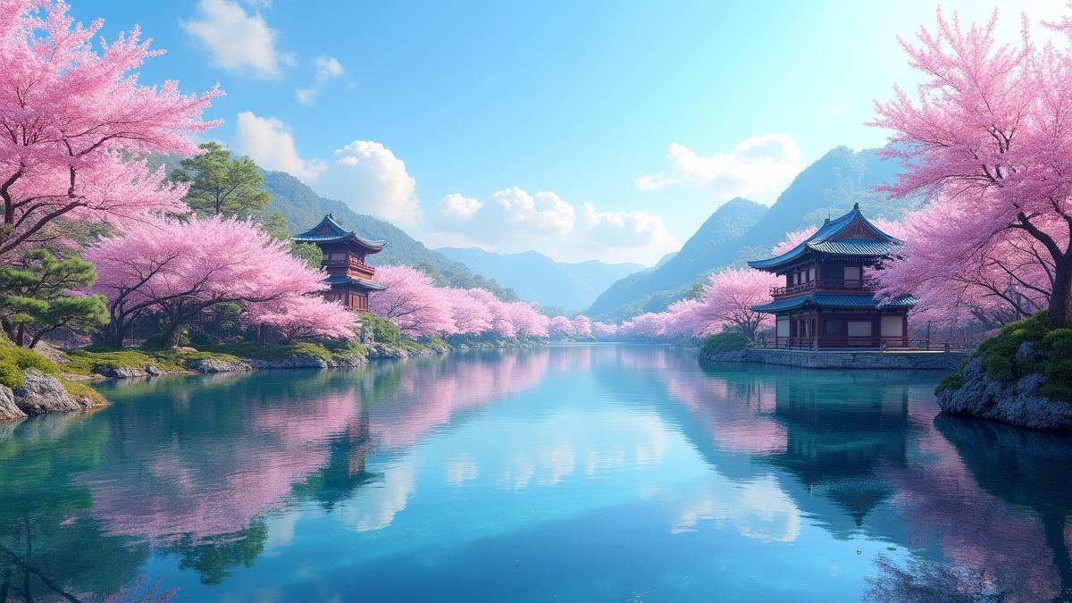 Lago azul rodeado de flores de cerezo y arquitectura asiática.