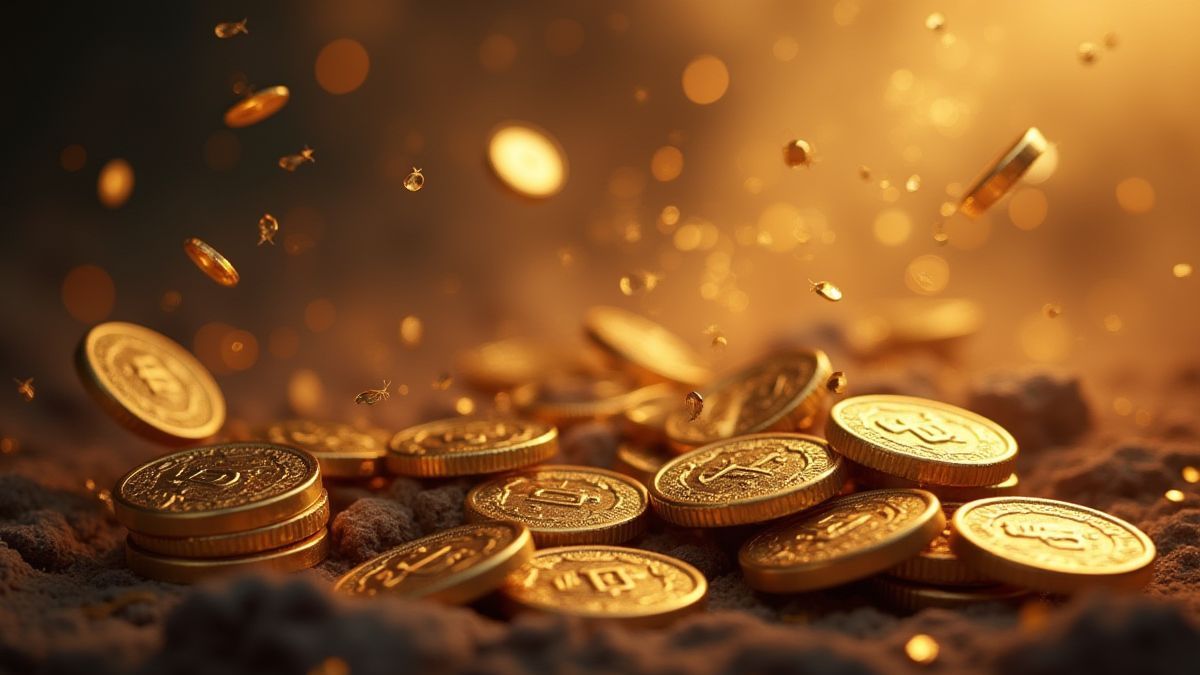 Monedas doradas y letras chinas sobre un fondo místico.