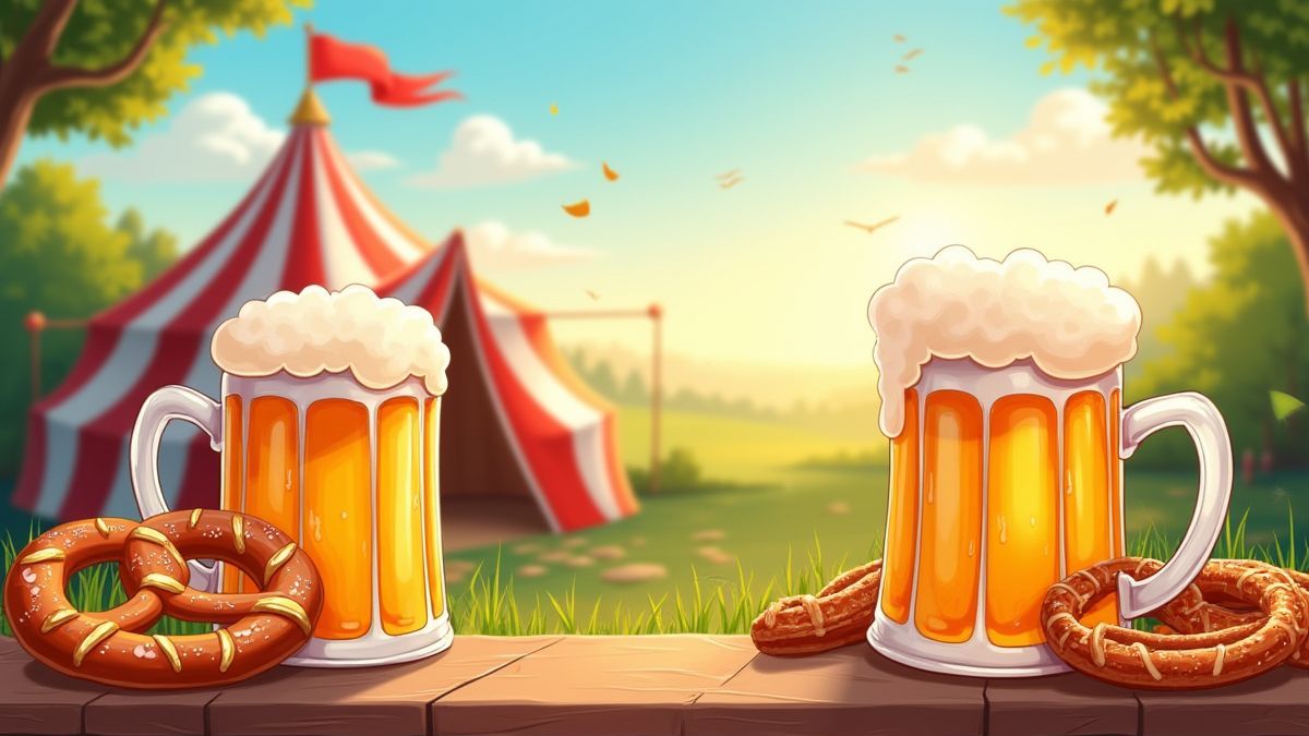 Jarras de bière et pretzels dans une tente animée d'Oktoberfest.