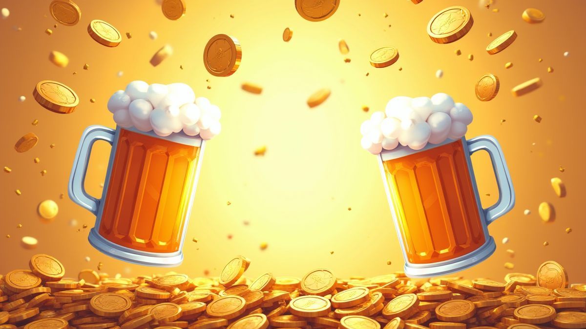Illustration de pièces et jarras de bière tombant dans une ambiance festive.