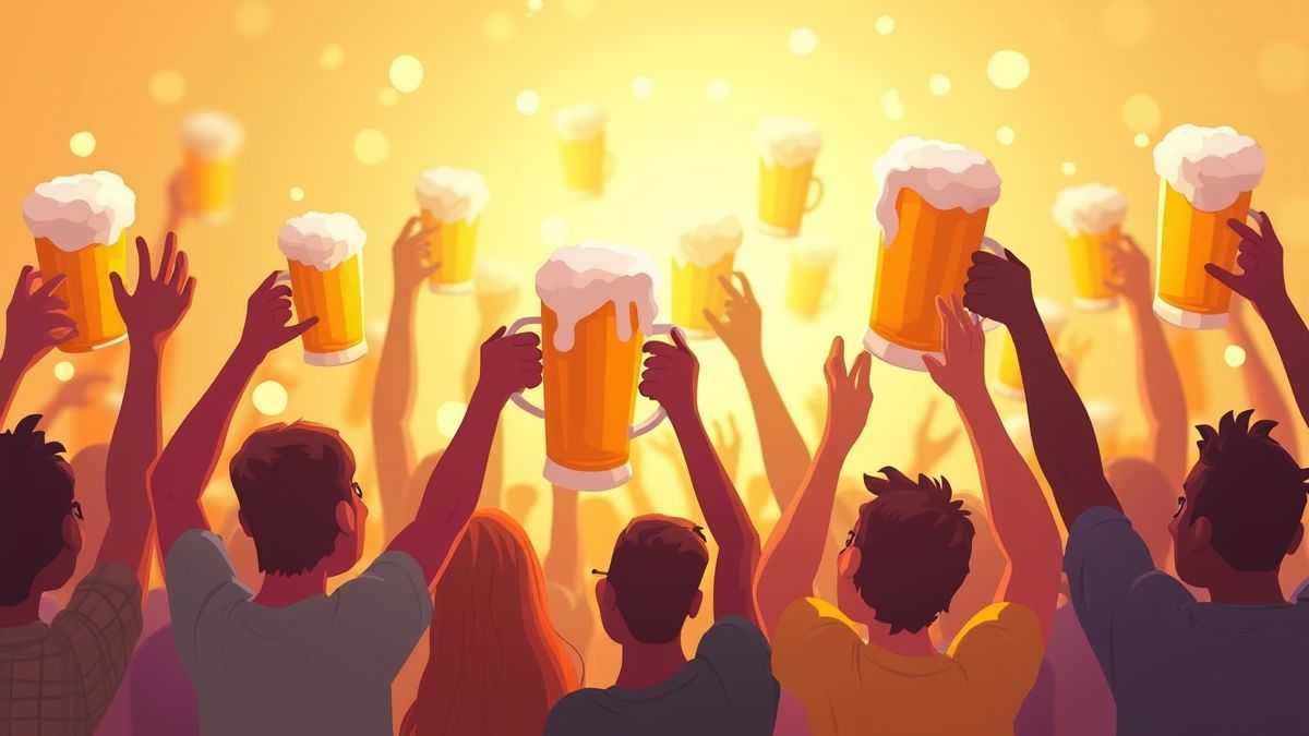 Une foule joyeuse levant des jarras de bière en célébration.