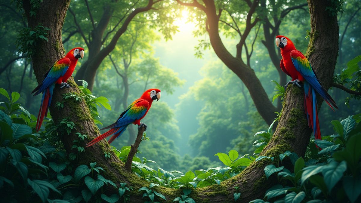 Jungla llena de vegetación y loros coloridos en los árboles.