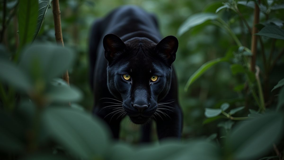 Una pantera negra acechando entre la vegetación densa de la jungla.