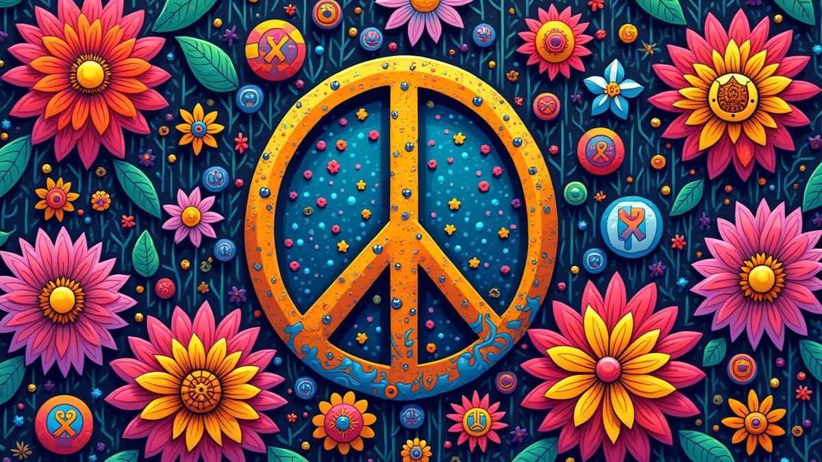 Arte psicodélico con símbolos de paz y flores vibrantes.