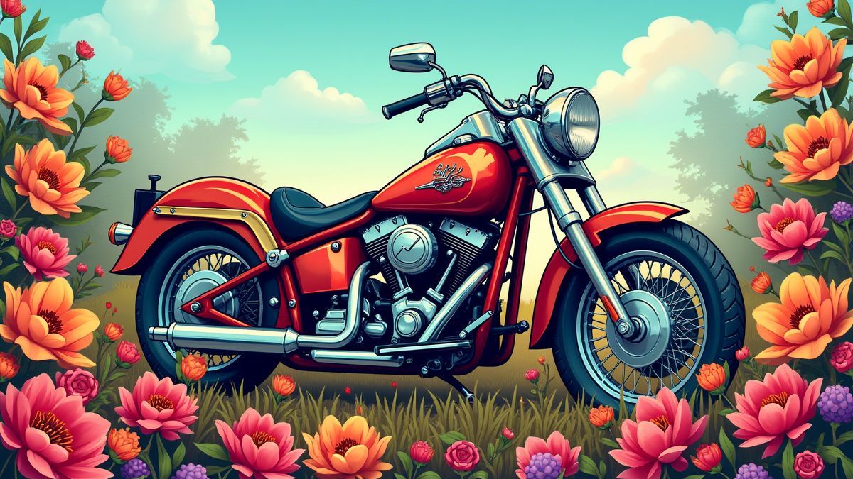 Ilustración vibrante de una motocicleta hippie rodeada de flores.