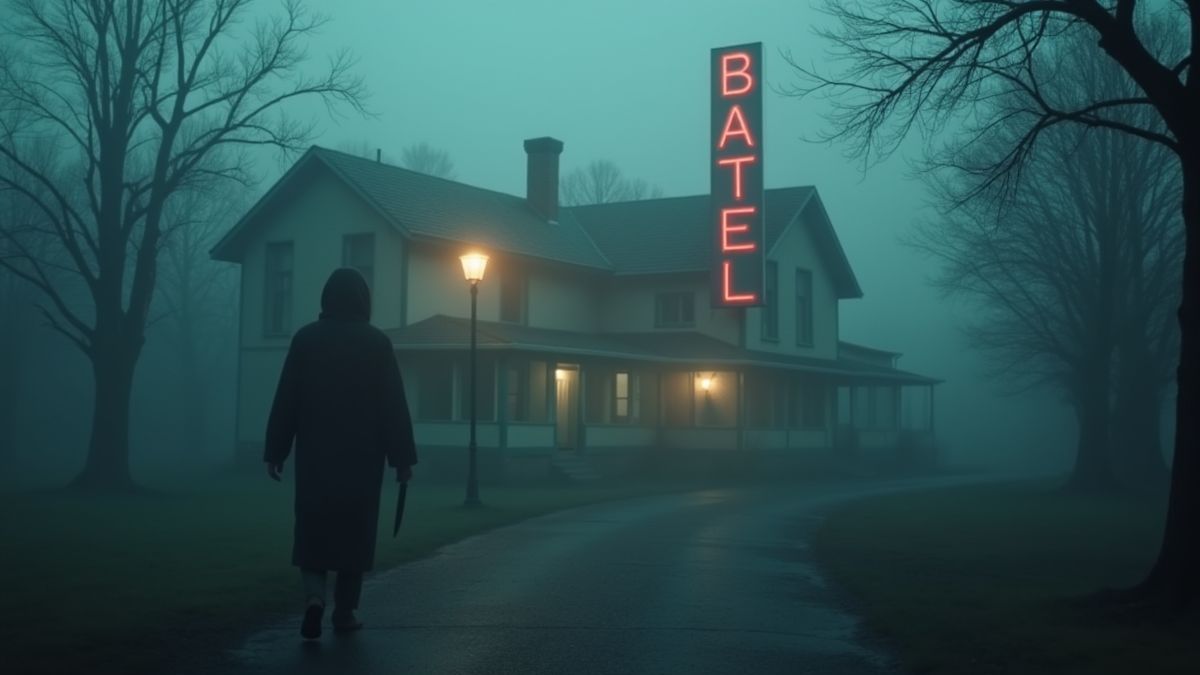 Cena tenebrosa do Bates Motel com névoa e uma figura com faca.