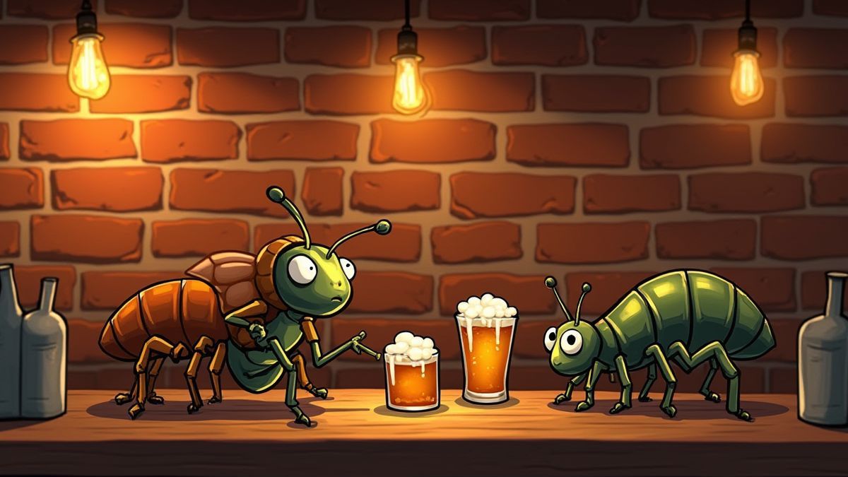 Um pub com insetos animados servindo bebidas e conversando.