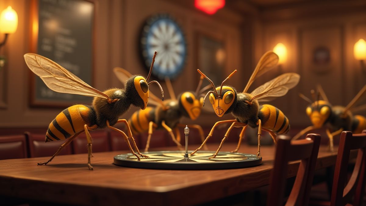 Vespas animadas jogando dardos em um pub.