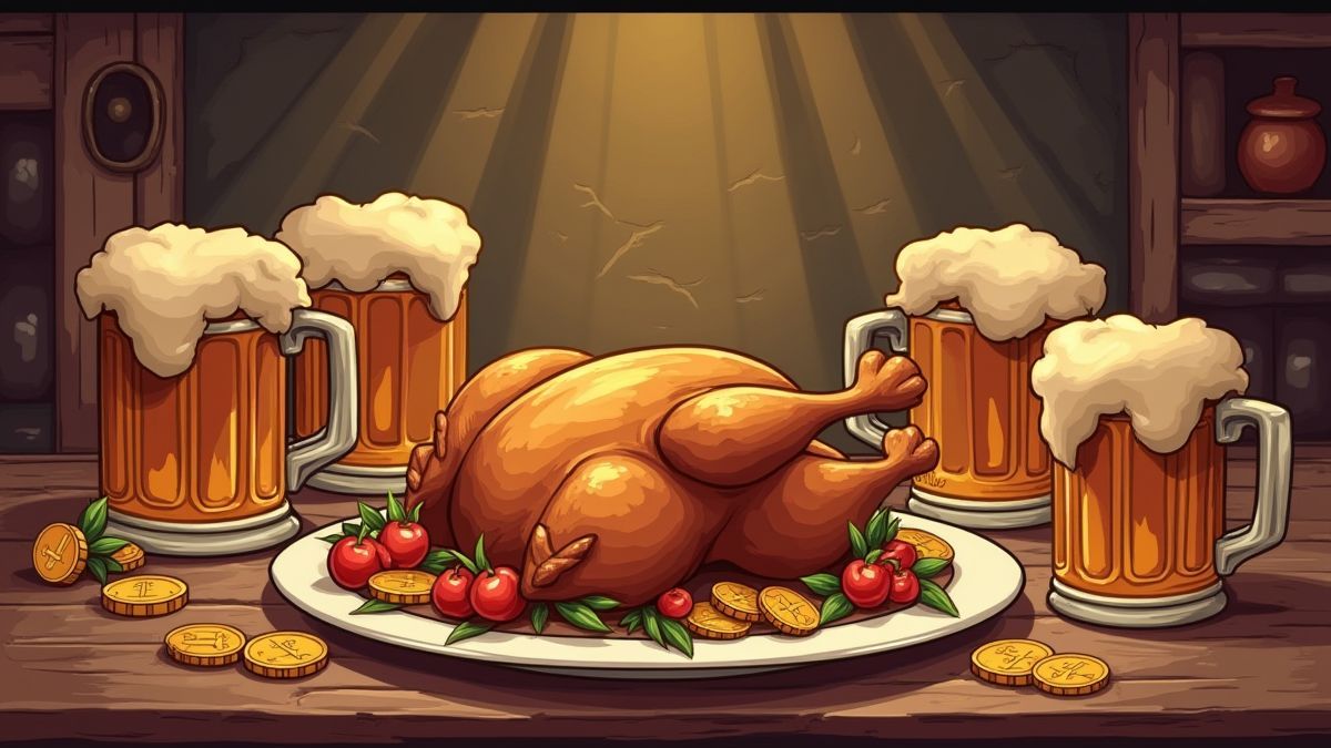 Ein mittelalterliches Festmahl mit Bierkrügen, Brathähnchen und verstreuten Münzen auf dem Tisch.