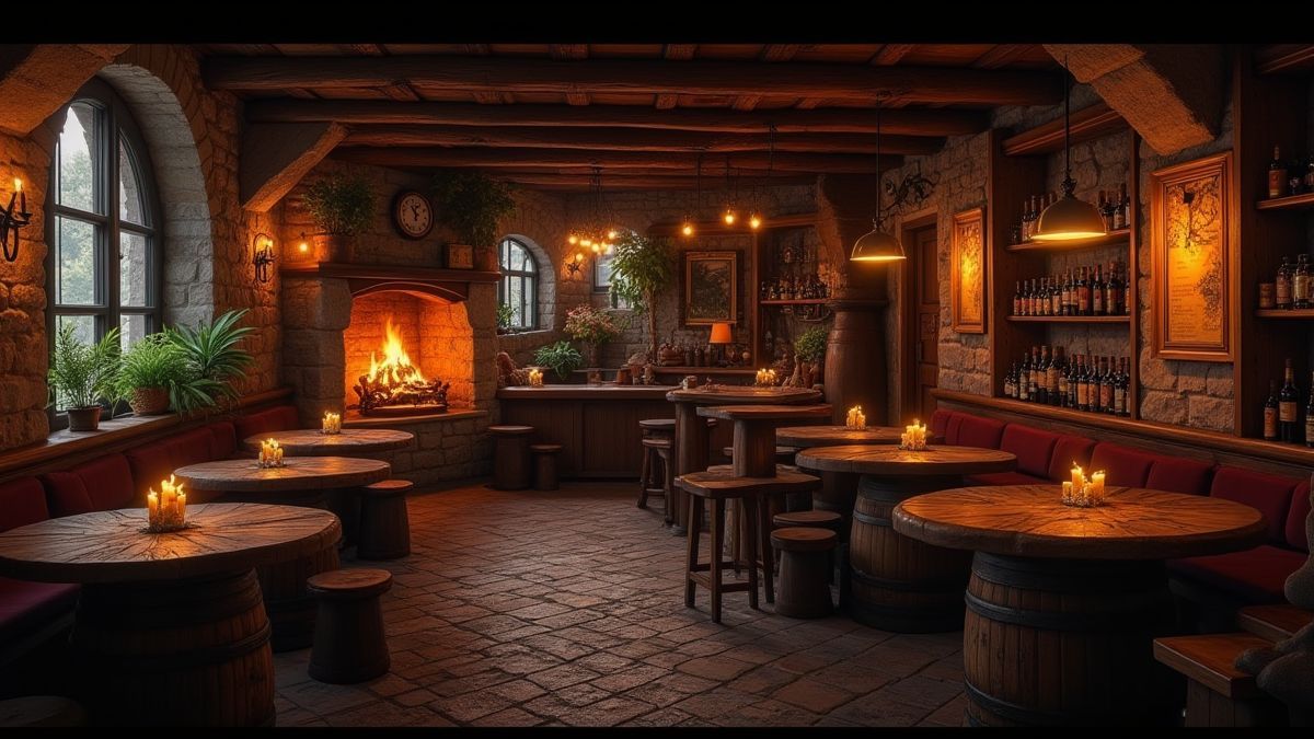 Innenansicht eines mittelalterlichen Pubs mit Holztischen, Fässern und einem lodernden Kamin.