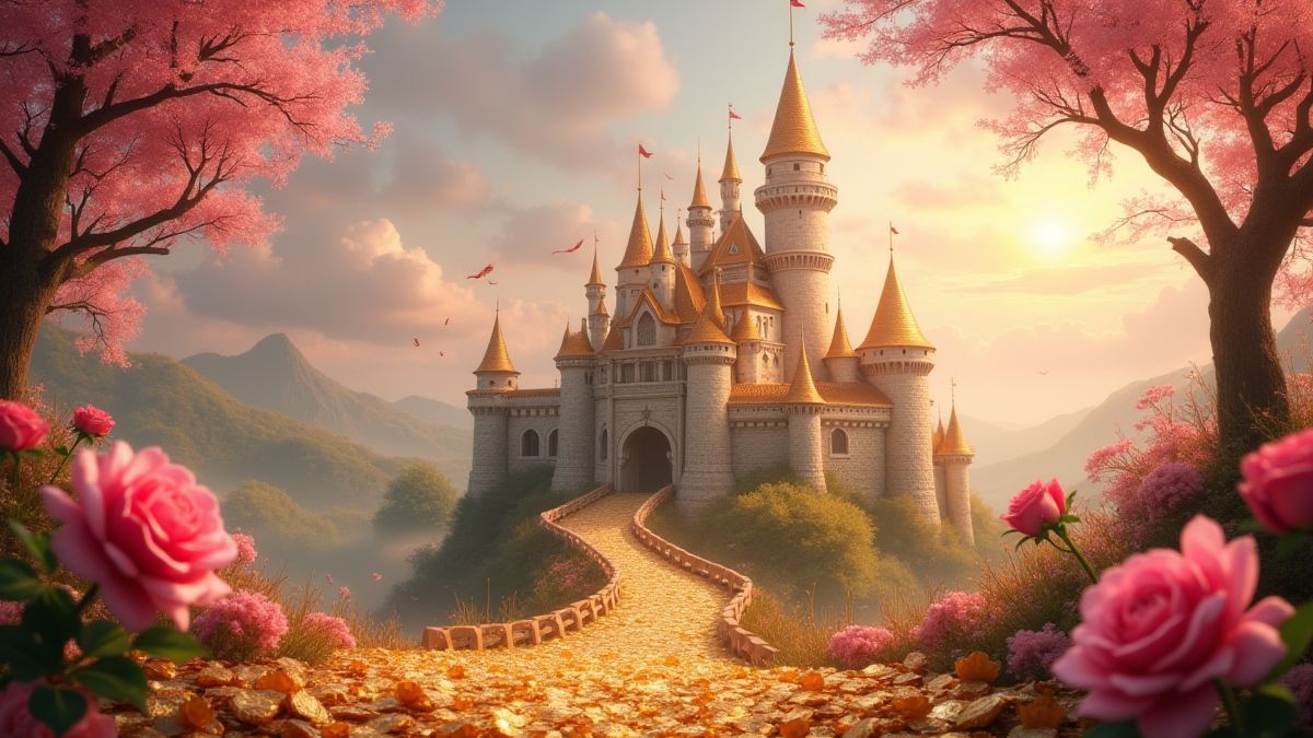 Ein magisches Schloss umgeben von goldenen Schätzen und blühenden Rosen.