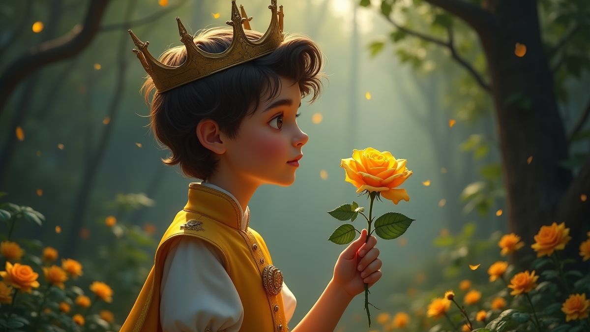 Ein bezaubernder Prinz, der eine goldene Rose in einem magischen Wald hält.