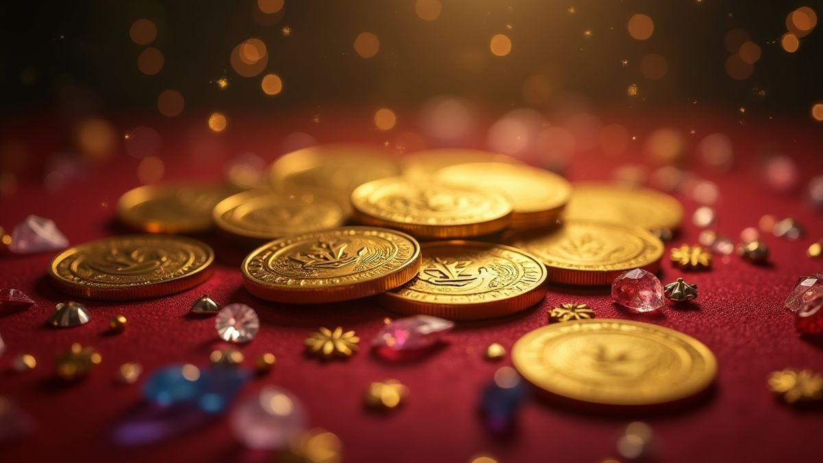 Goldmünzen und funkelnde Juwelen auf einem magischen Tisch.