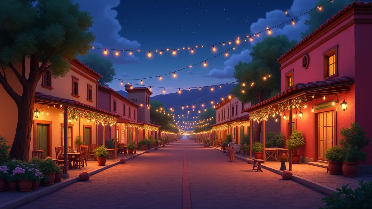 An animated Mexican town with festive decorations and lights.