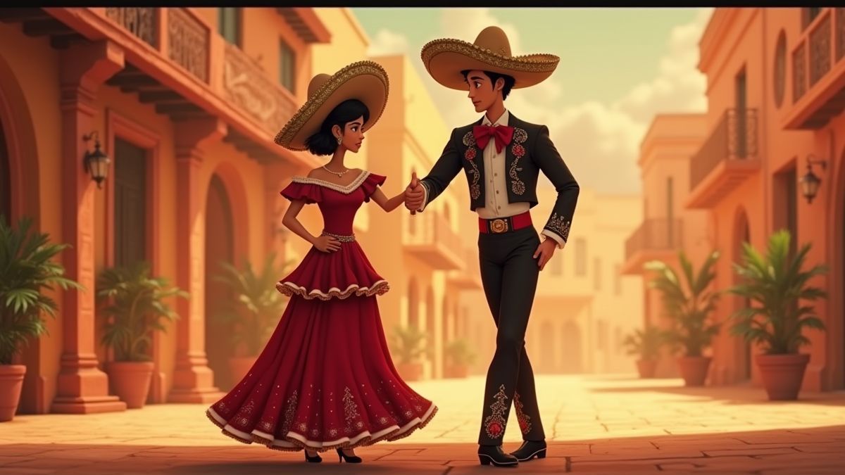 Couples dancing in traditional Mexican clothing in a lively setting.