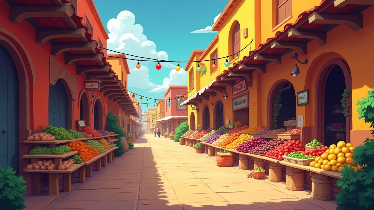 An animated Mexican market with vibrant colors and traditional items.