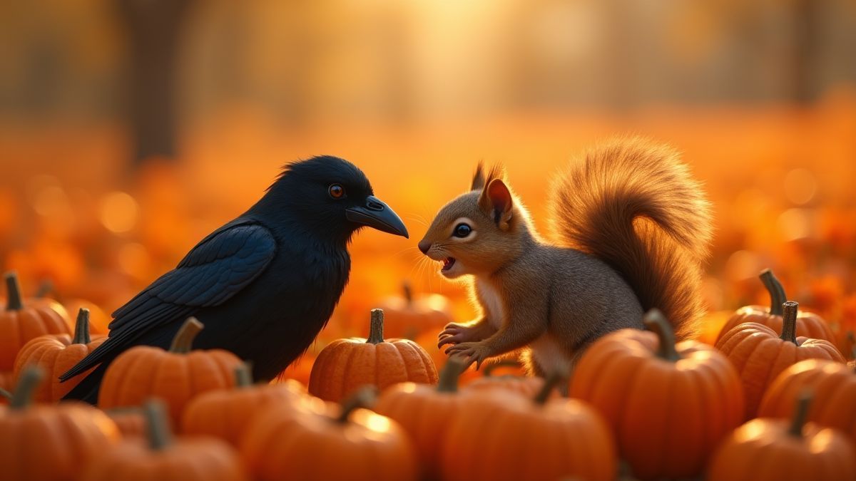 Un cuervo y una ardilla interactuando en un campo de calabazas animado.
