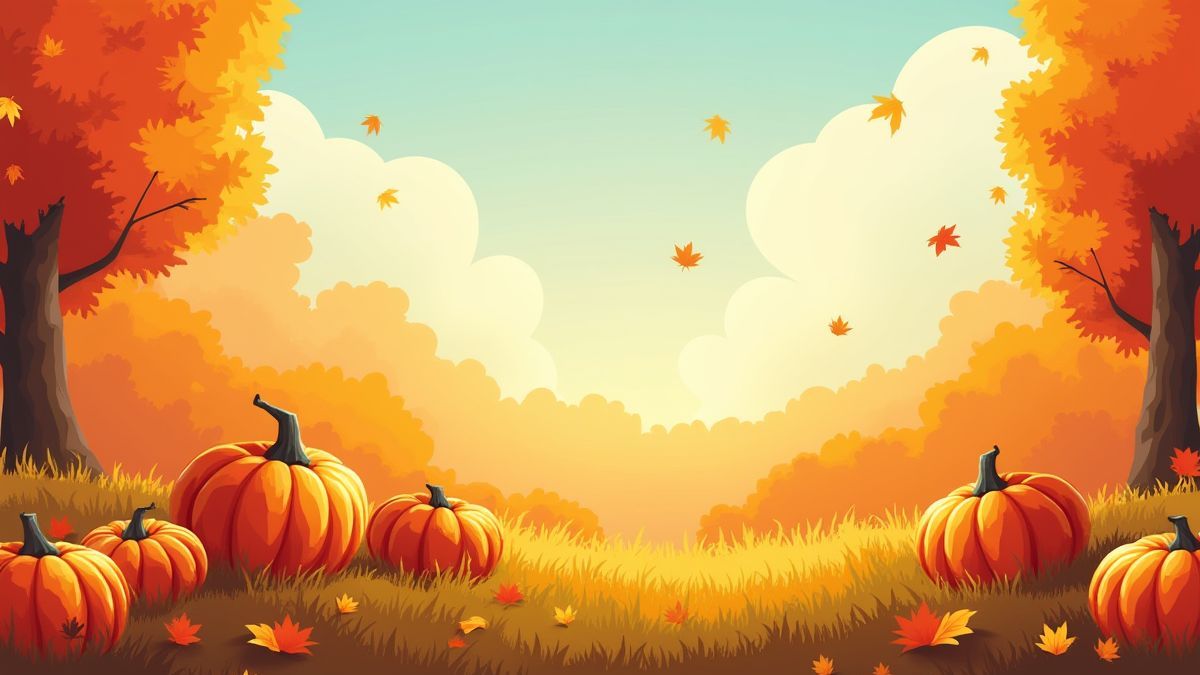 Un prado otoñal animado lleno de calabazas coloridas.