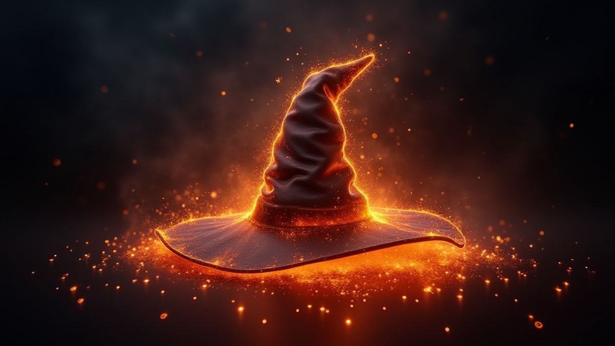 Un sombrero de bruja brillante rodeado de chispas mágicas.