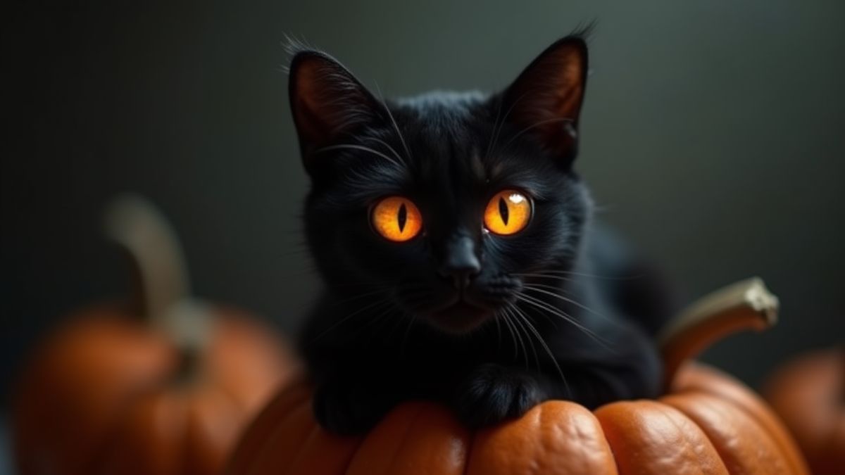 Un gato negro espeluznante con ojos brillantes sentado sobre una calabaza.