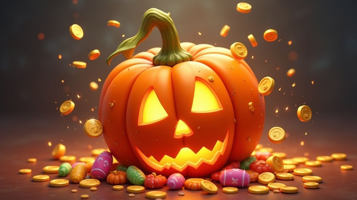 Pumpkin breaking open with candies and coins coming out.