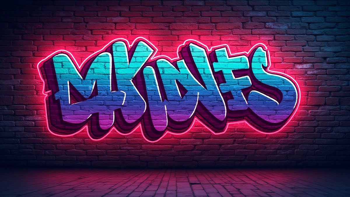 Arte de graffiti en una pared de ladrillos con luces de neón.