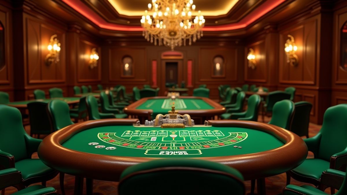 Sala de casino con sillas de terciopelo verde y mesa de Baccarat.