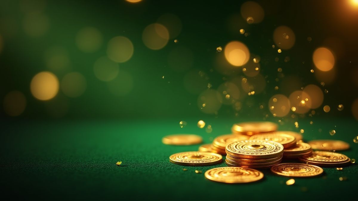 Gráficos en tonos dorados y verdes con cartas de casino elegantes.