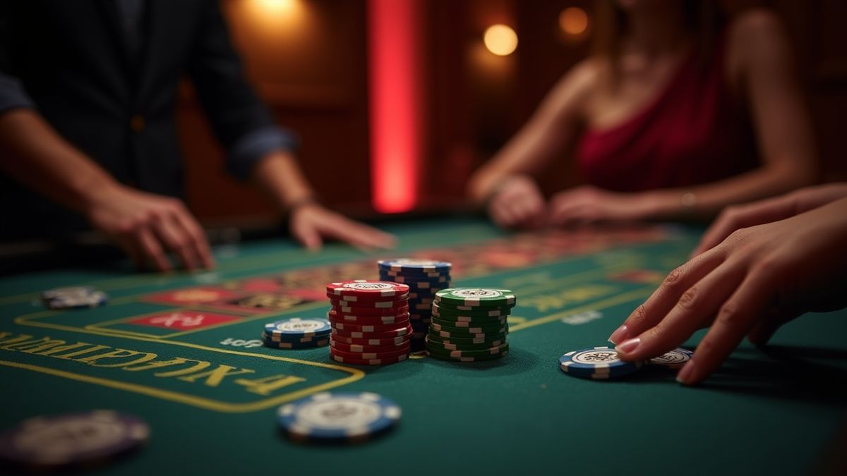 Table de casino luxueuse avec des joueurs et des jetons autour.