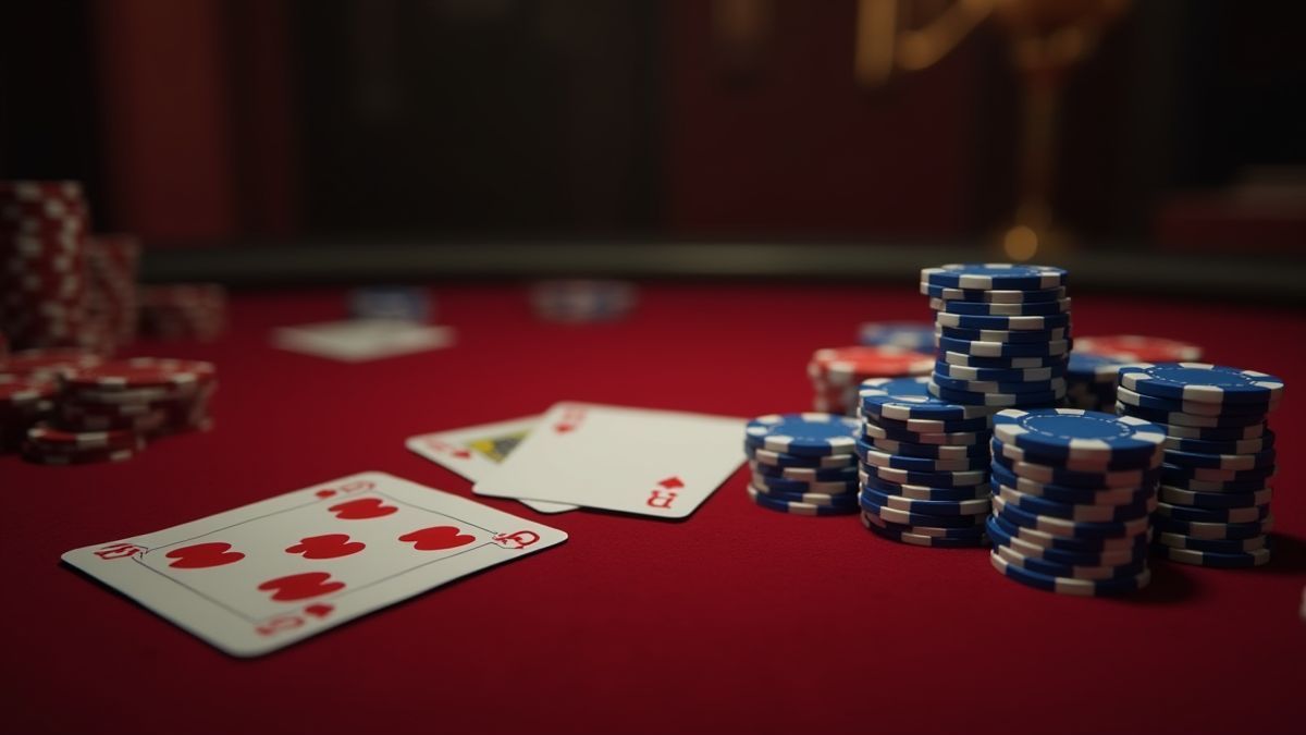 Table en velours avec cartes et jetons de casino.