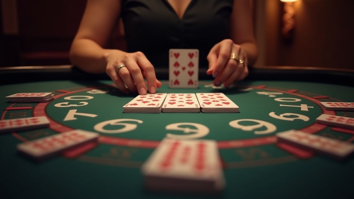 Table de baccarat avec des cartes étant distribuées.