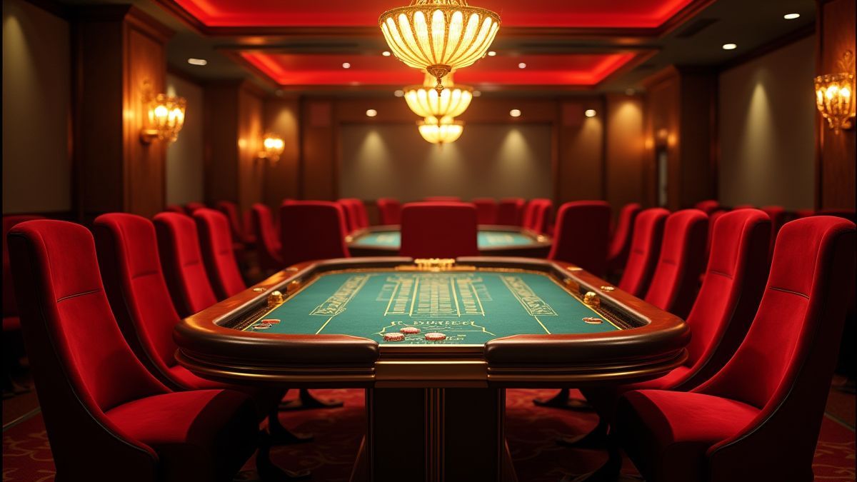 Table de casino entourée de chaises en velours et de lustres brillants.