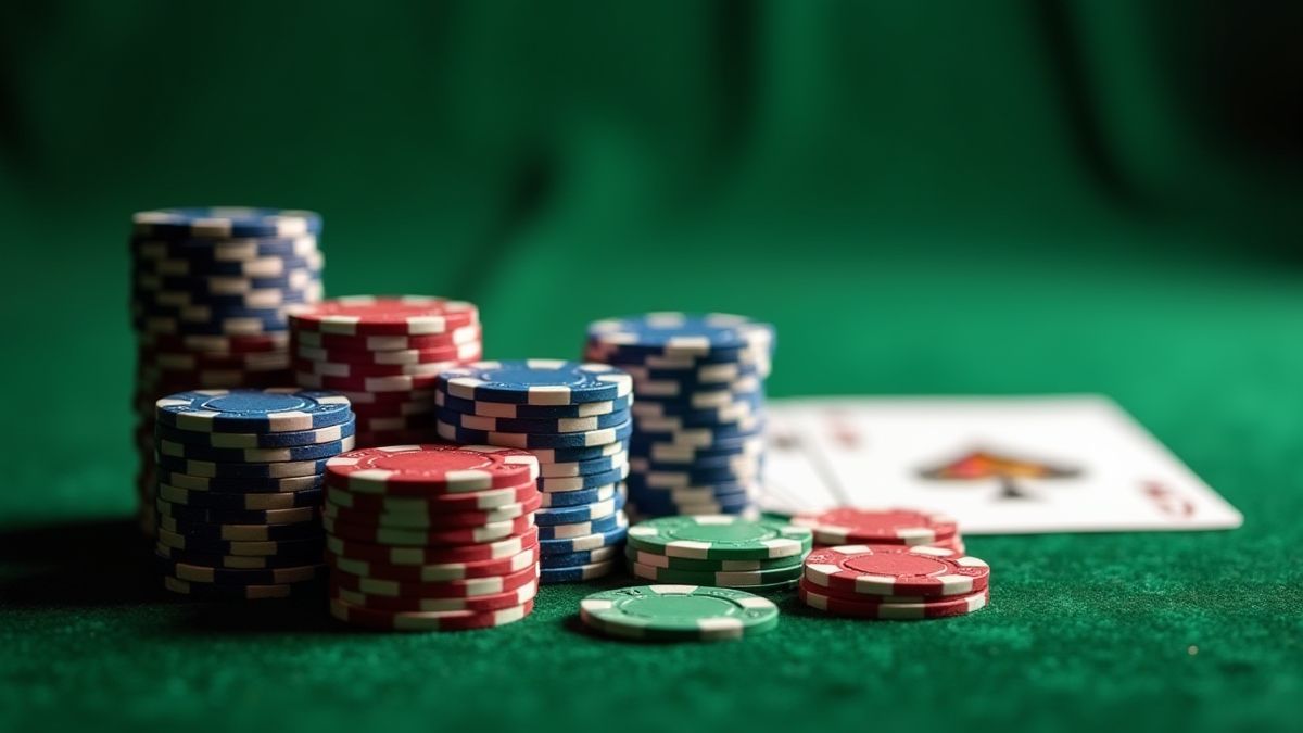 Grüner Tisch mit Baccarat-Chips und Karten.