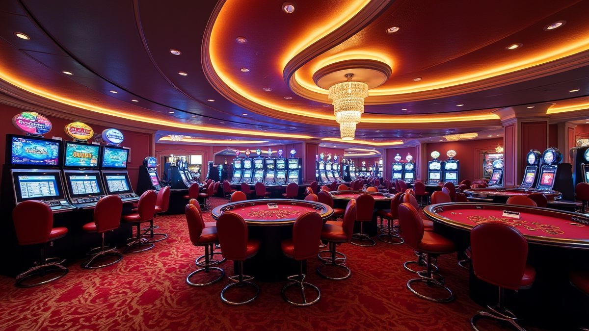 Innenraum eines eleganten Casinos mit gedämpftem Licht.