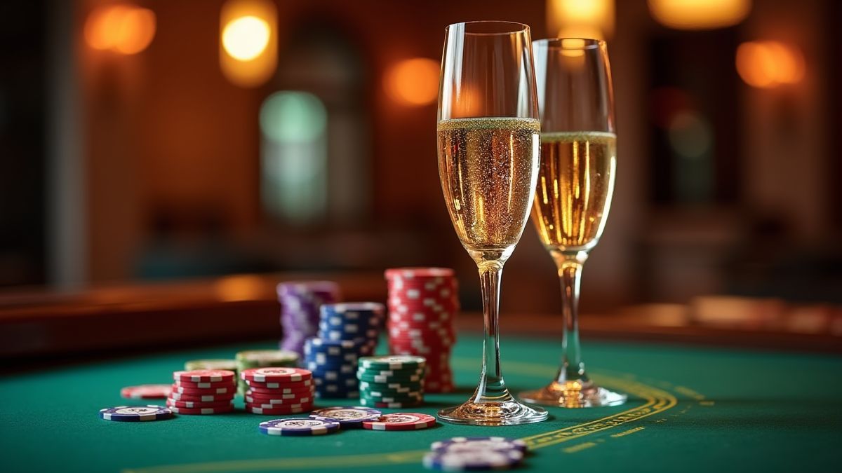 Taças de champanhe e fichas de alto valor em uma mesa de cassino.