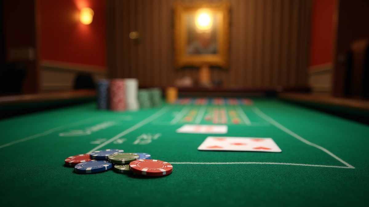 Mesa de casino com tapete verde, fichas e cartas sob uma iluminação acolhedora.