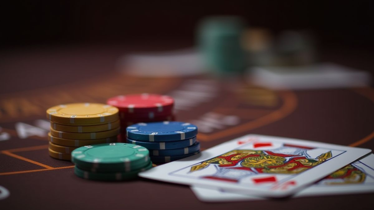 Fichas de baccarat e cartas em uma mesa de cassino.