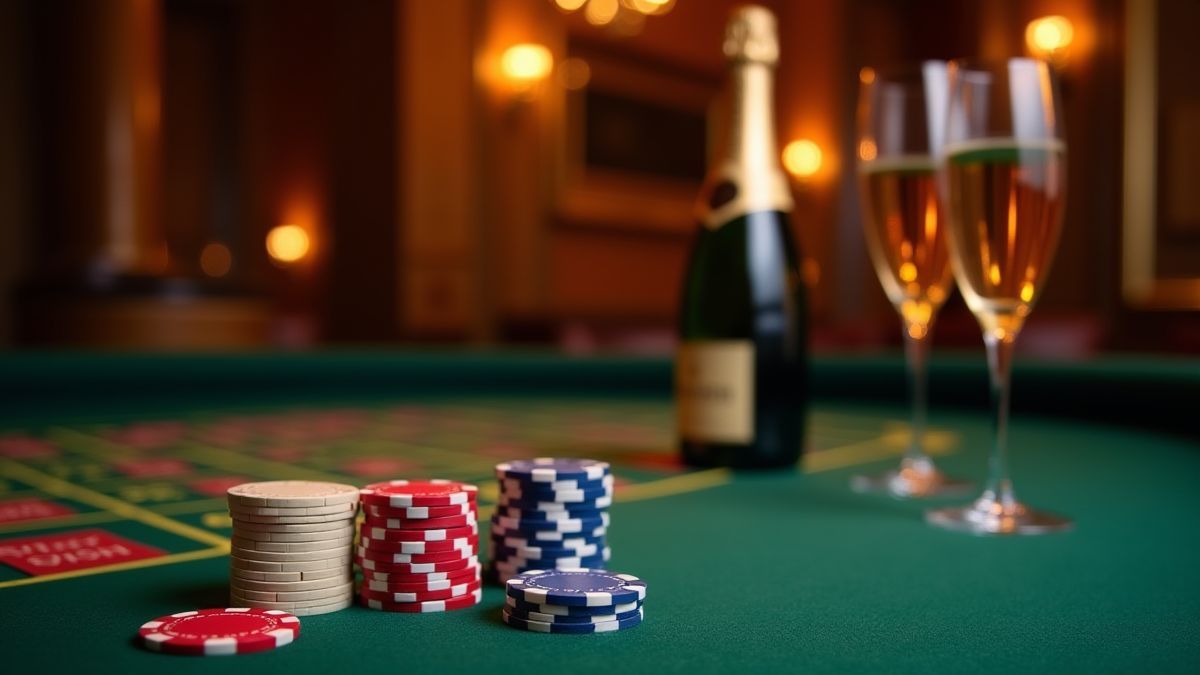 Configuração elegante de cassino com fichas de baccarat e champanhe em uma mesa.